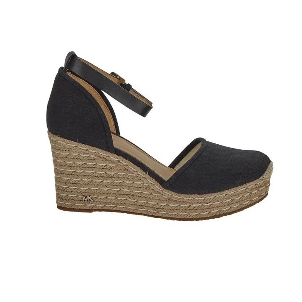 Michael Kors Damita Black Canvas Espadrille Wedge Sandals Gold Buckle SH19K 8M